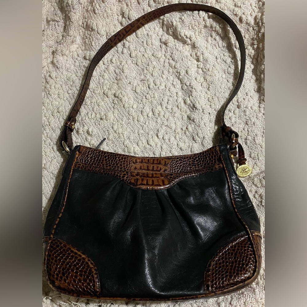 Brahmin Tuscan Shoulder Bag Pecan Croc Black Leather Purse